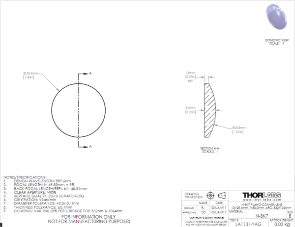 LA1131-YAG Plano-Convex (Düz-Dış Bükey) Lens - Görsel 2